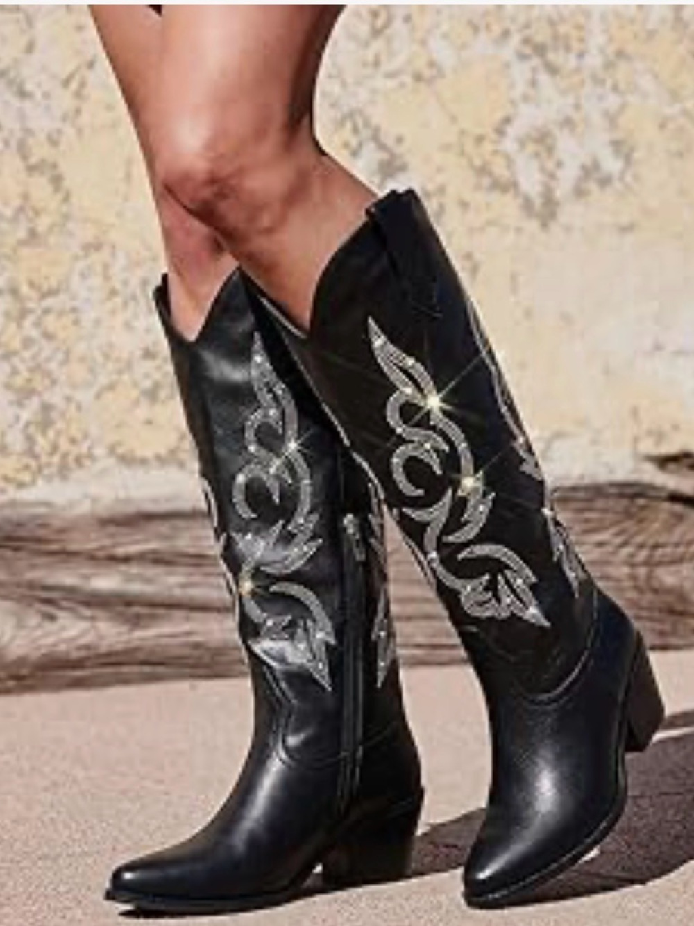 Black Embroidered Western Knee-High Boots with Silver Detail